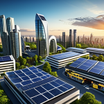 스마트 시티 개발과 디지털 물리적 연계 - Smart City Overview**

"A futuristic cityscape at sunset, featuring sleek, modern buildings integrat...
